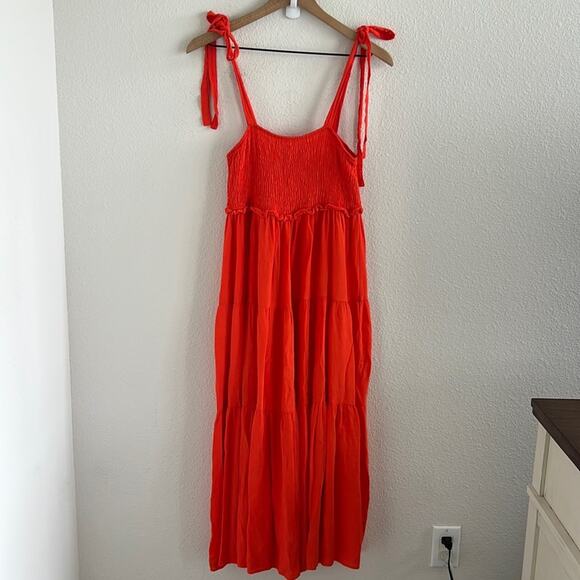 Zara Bloggers Favorite Smocked Tiered Poplin Maxi Dress Summer Red Orange Small - Picture 1 of 9